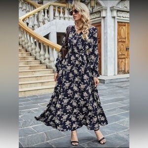 SHEIN Floral Surplice Neck Belted Dress